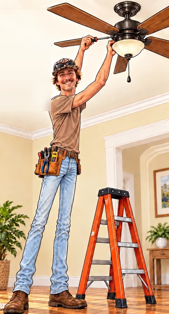 Illustration of a tall handyman installing a ceiling fan without needing his ladder